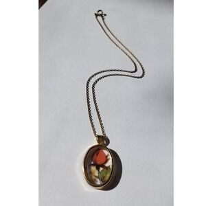 Oval Pendant Necklace with Orange Rose and Butterflies Vintage Brass Chain